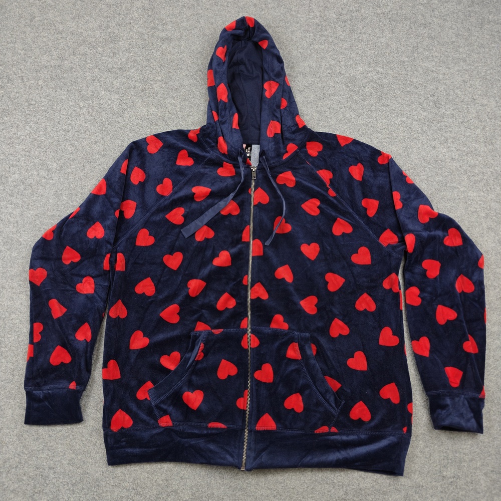 Torrid Pajama Top Womens 2 Plus Blue Red Heart Graphic Print Velour Hooded Zip